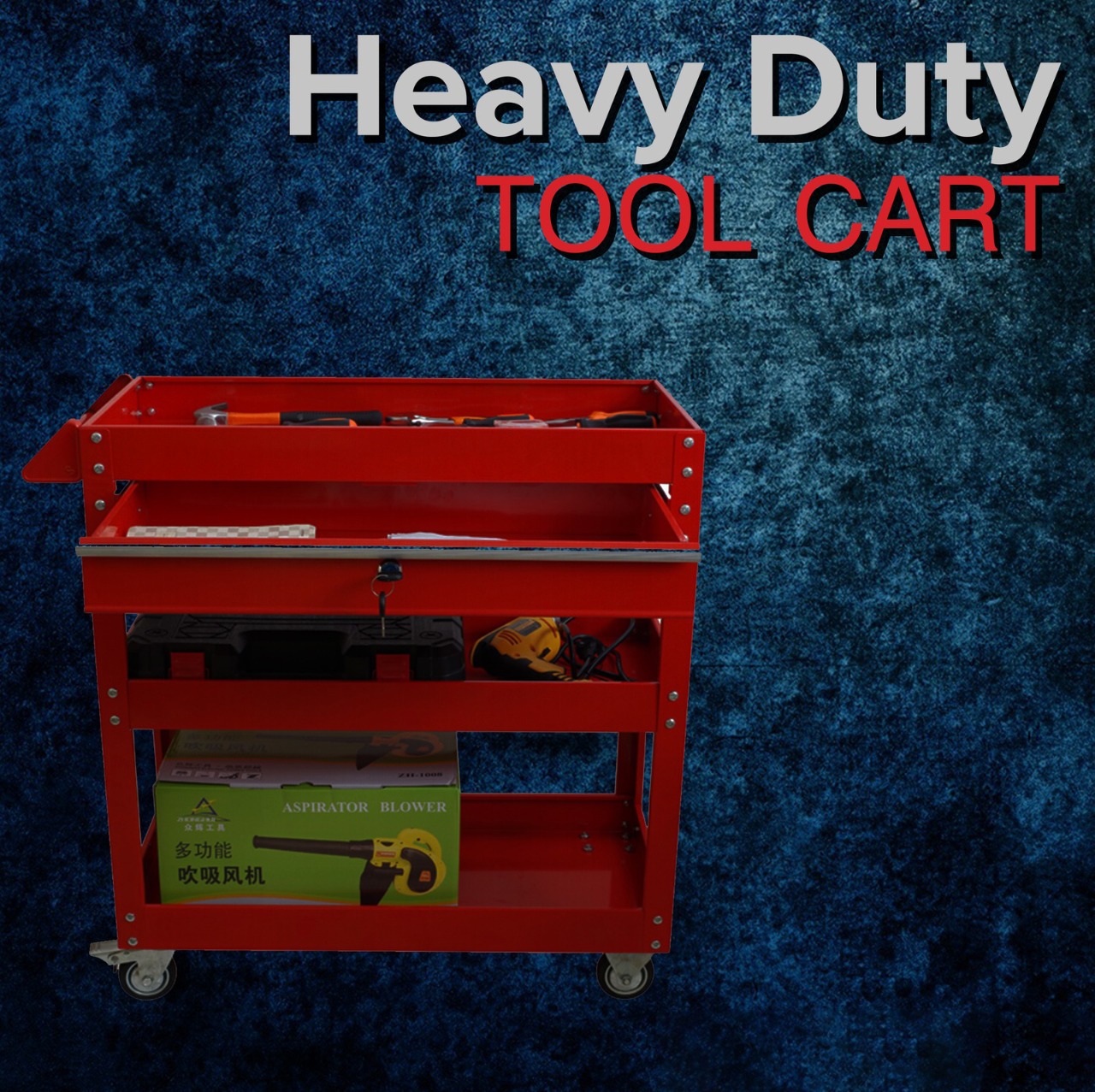 3-Tier Red Steel Tool Cart With Lock Drawer & Lockable Castors Mechanic Trolley