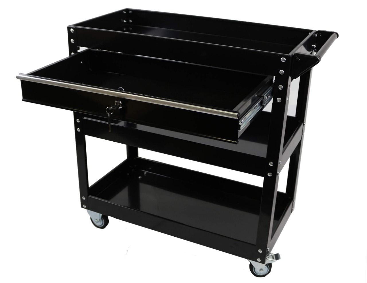 3-Tier Black Steel Tool Cart With Lock Drawer & Lockable Castors Mechanic Trolley