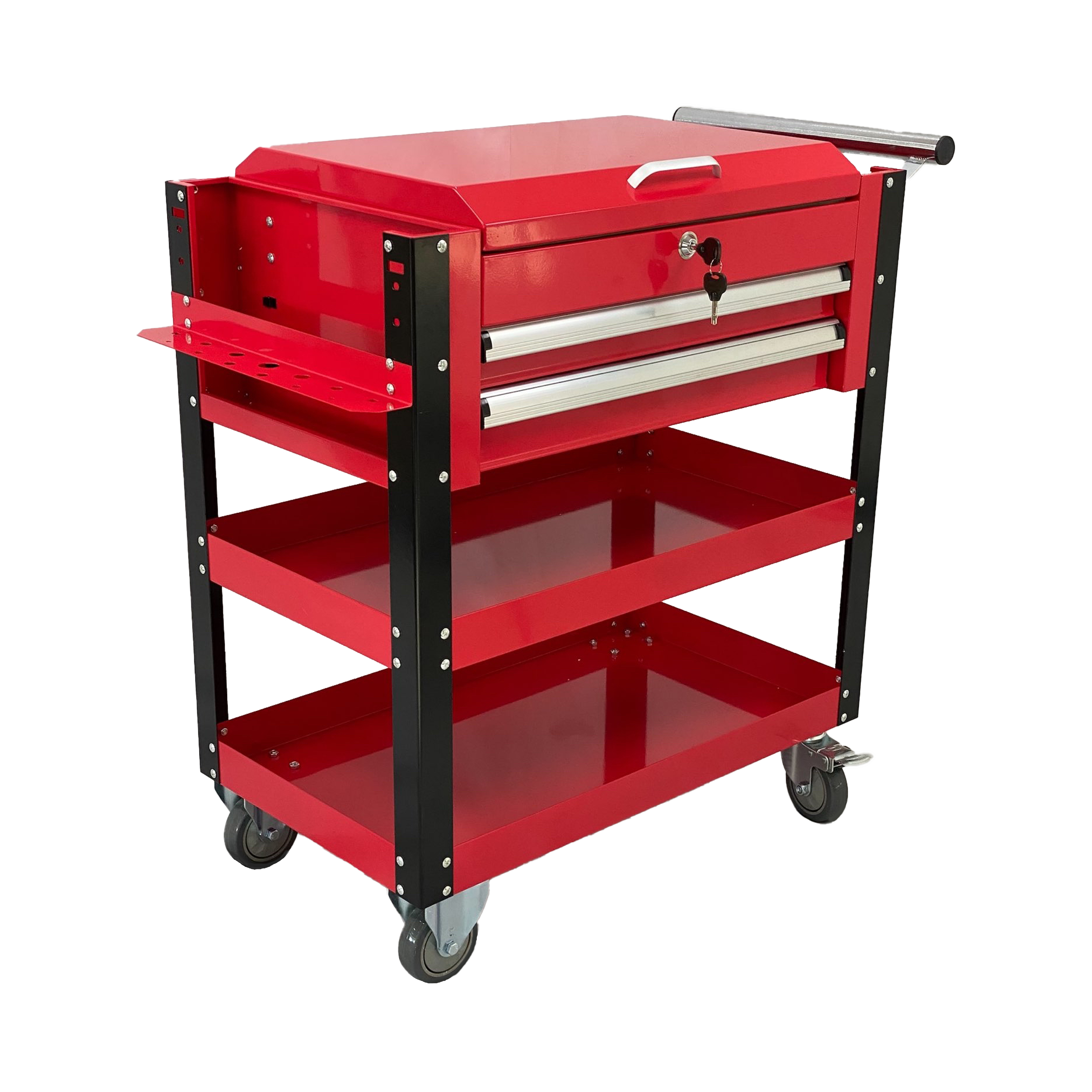 3-Tier Steel Tool Cart With Double Drawer & Lockable Castors Mechanic Trolley