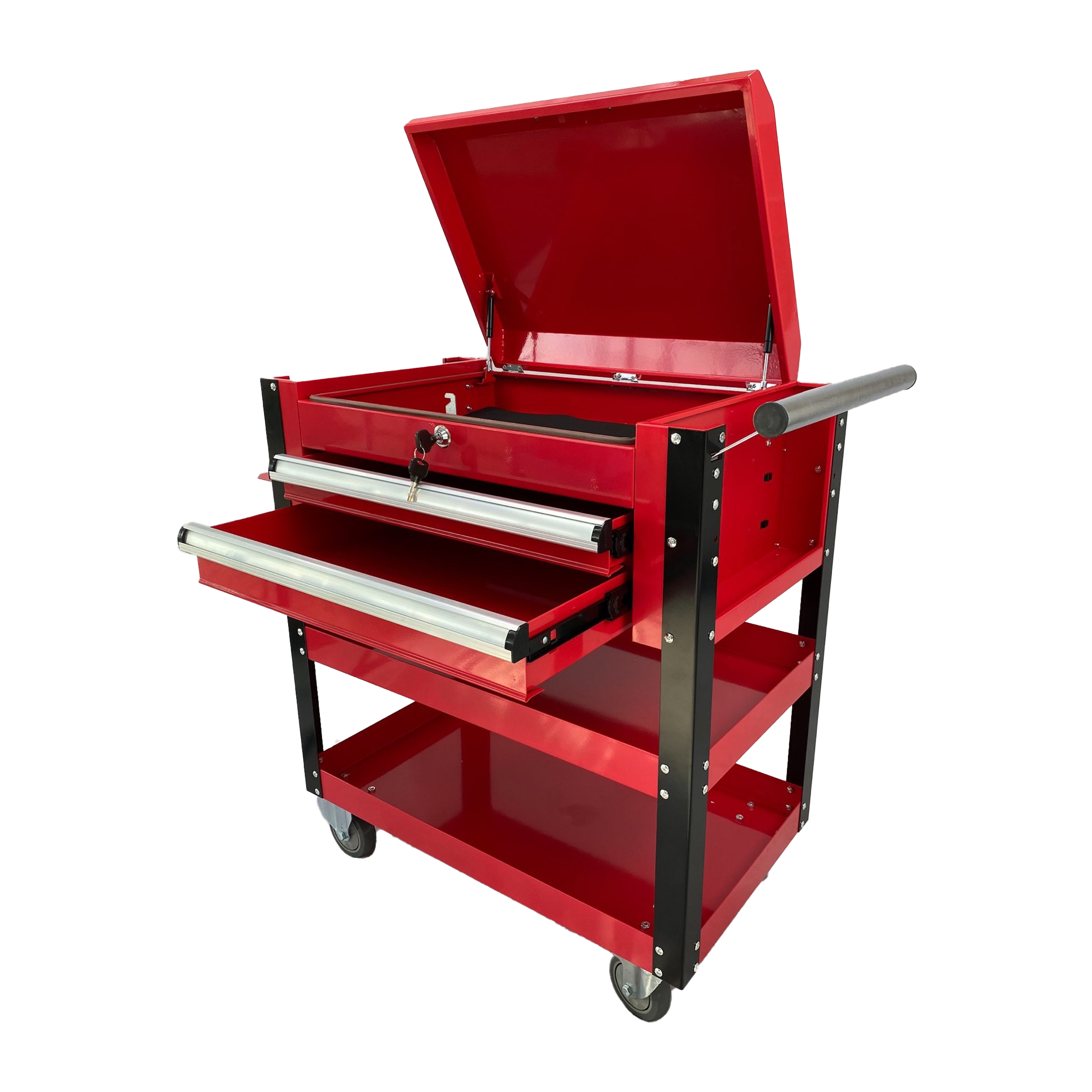 3-Tier Steel Tool Cart With Double Drawer & Lockable Castors Mechanic Trolley