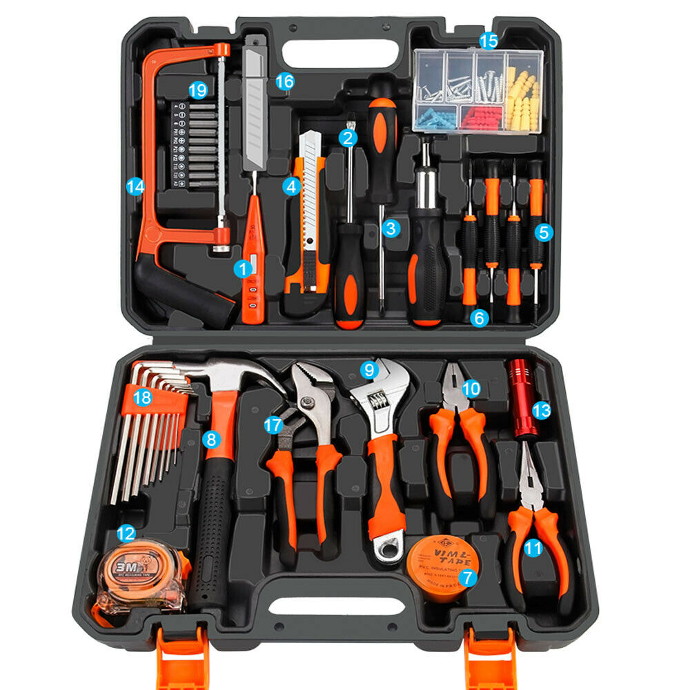 102 PCS Household Tools Home Garage Tool Set Kit With Hammer Pliers Screwdrivers