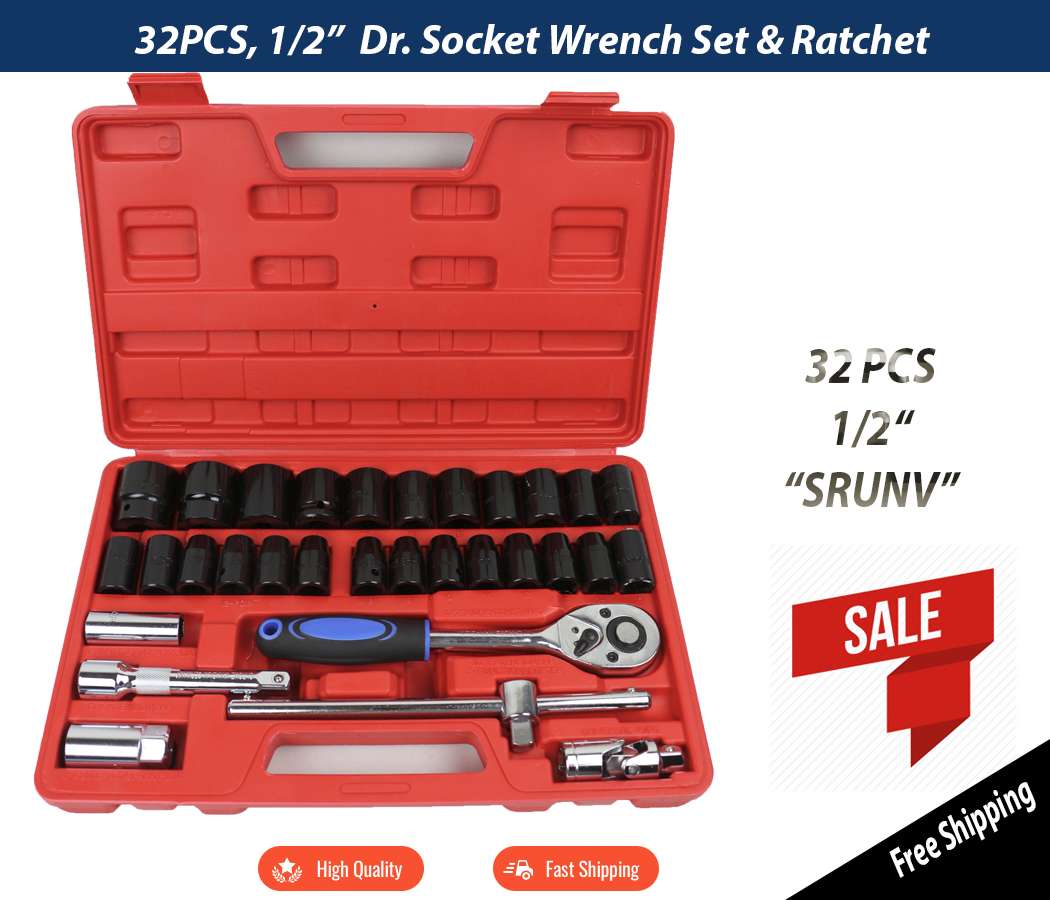 32PCS SRUNV Socket Set Wrench 1/2 inch Dr. Socket Set