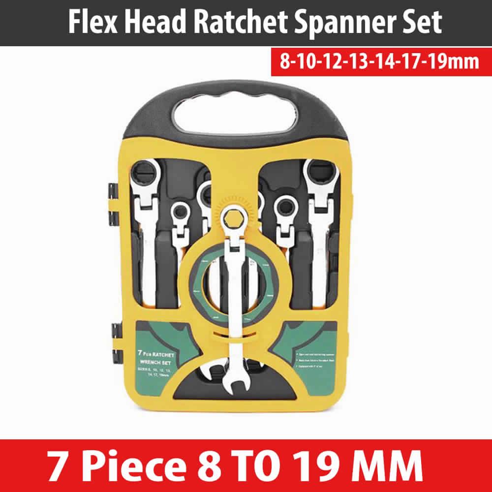 NEW 7 Piece Flex Head Ratchet Open End Spanner Set Metric 8-19MM